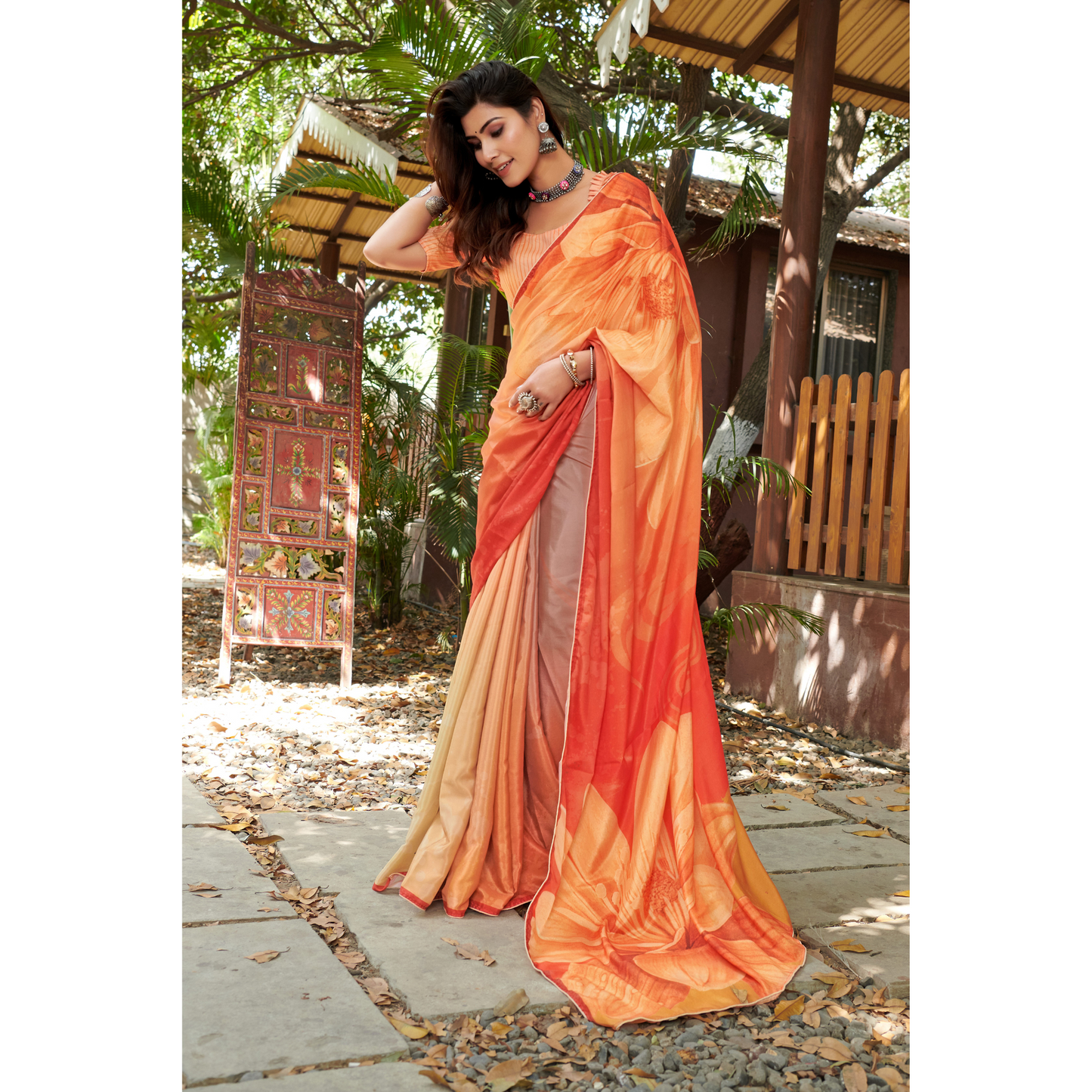 Orange Floral Printed Saree