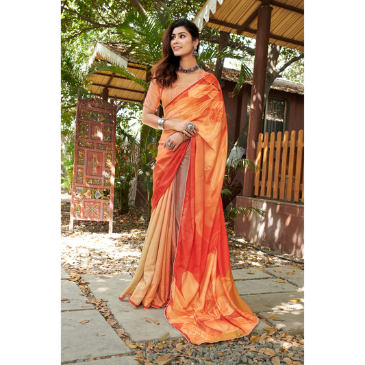 Orange Floral Printed Saree