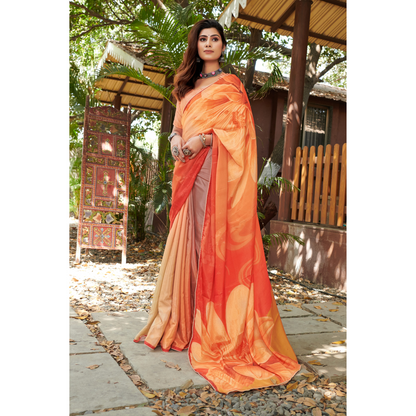 Orange Floral Printed Saree
